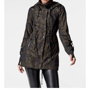 BLANC NOIR hooded Camo Anorak jacket black, olive green & leather female sizeXS